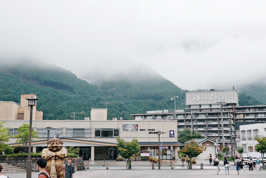Buildings and misty mountains in a town square.